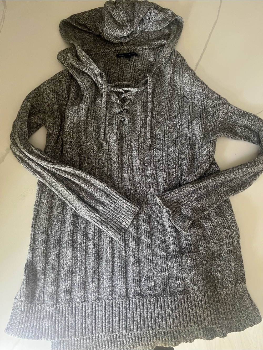 American Eagle Outfitters Gray Ribbed Lace-Up Hooded Sweater